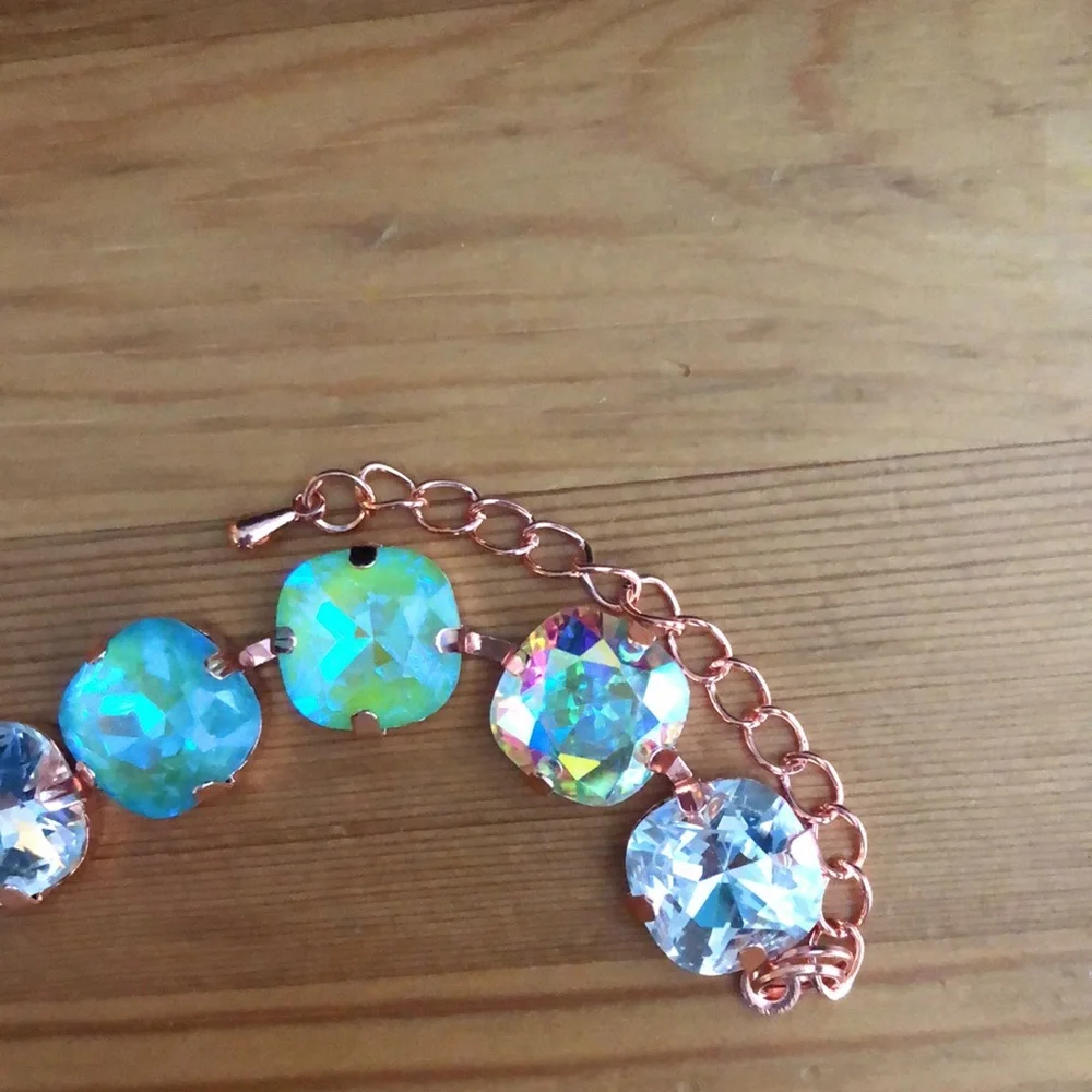 Aquamarine + Peridot AB Cushion Rose Gold Crystal Tennis Bracelet - Picture 5 of 11